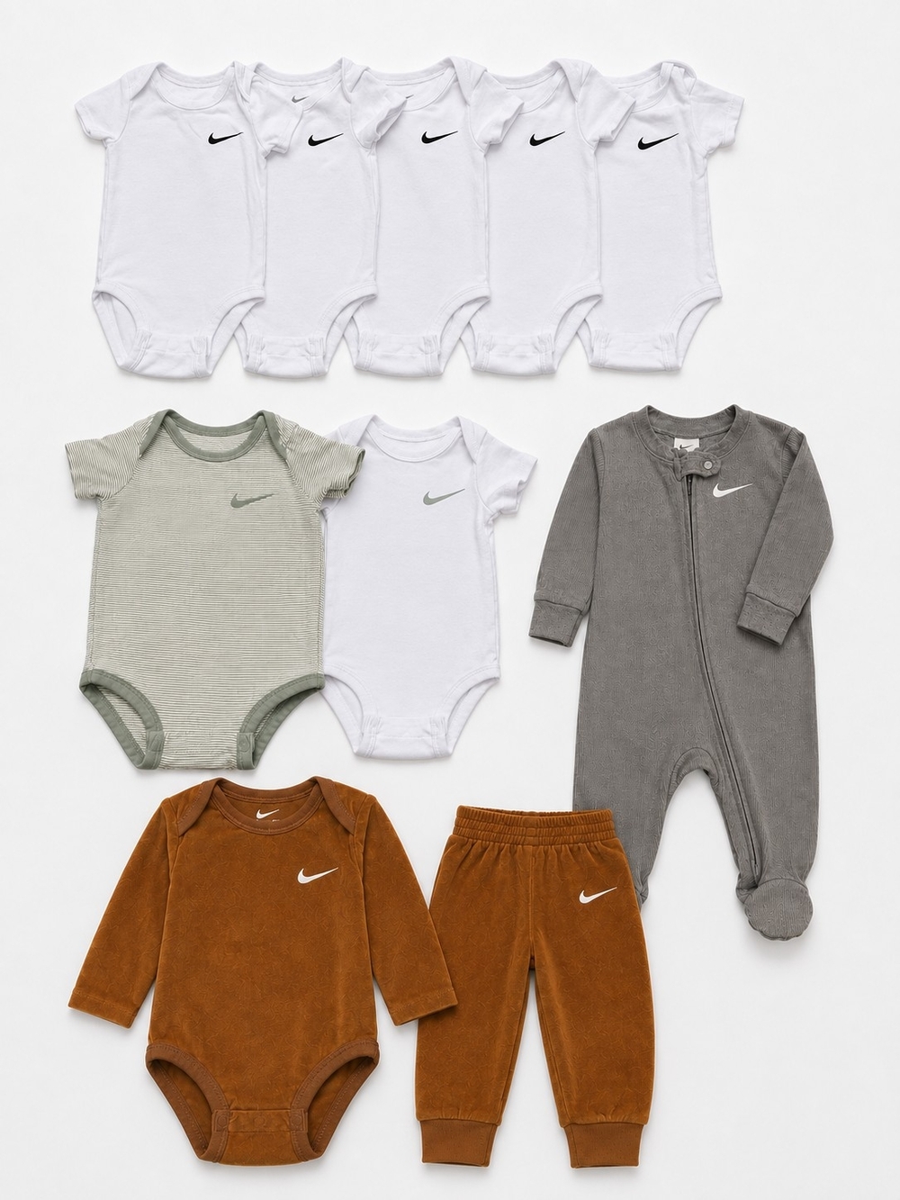 Nike Baby 9M 10 Piece Clothing Lot Bodysuits Joggers Sleeper Neutral